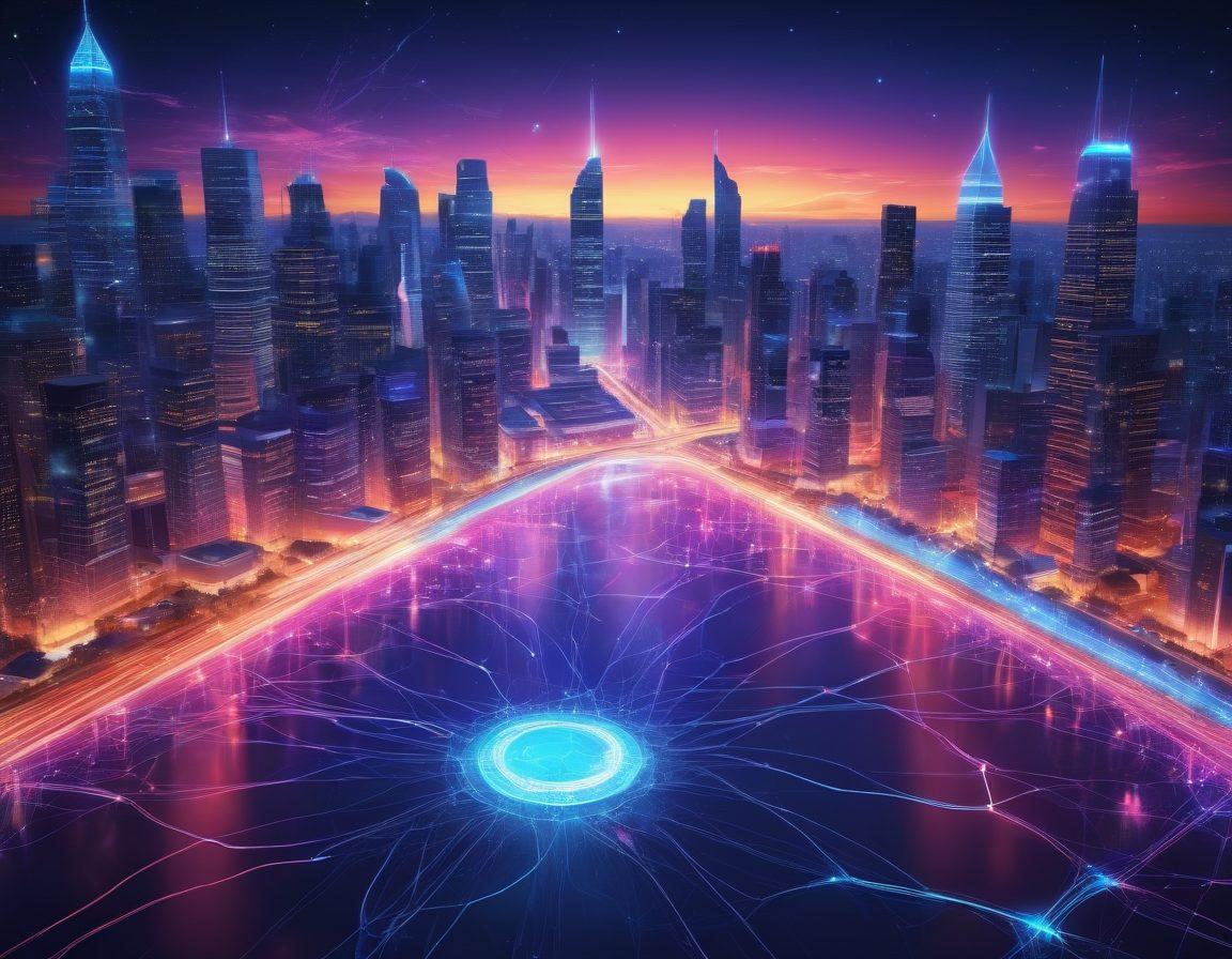 An illustration depicting a dynamic digital landscape, showcasing a glowing network of interconnected lines and nodes symbolizing seamless connectivity. Incorporate modern devices like smartphones, tablets, and laptops seamlessly integrated into the design. Include people interacting with the technology, expressing convenience and engagement. The background should feature a vibrant cityscape, representing the digital world. super-realistic. vibrant colors. 3D.