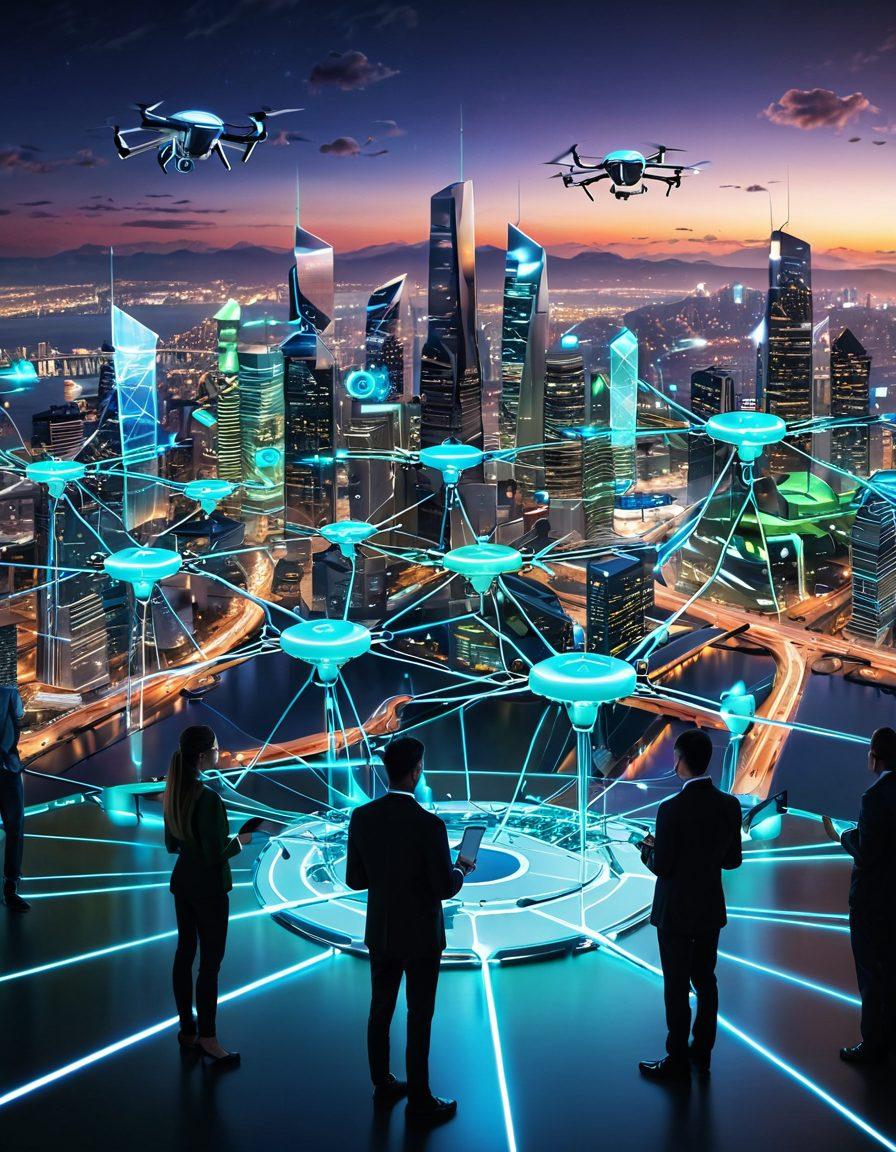 A futuristic landscape showcasing diverse individuals using advanced internet devices, surrounded by a network of glowing connections representing connectivity. In the foreground, a sleek city skyline with drones and holographic interfaces. Soft blue and green tones evoke a sense of innovation and progress. super-realistic. vibrant colors. 3D.