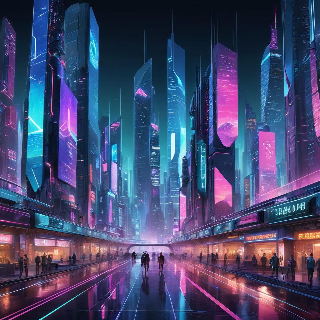A futuristic landscape showcasing a digital city with seamless web services integration, featuring holographic displays of technology, diverse professionals collaborating with virtual interfaces, and dynamic data streams flowing through the environment. The city should reflect innovation and connectivity, illuminated by vibrant neon lights and abstract shapes representing the future of technology. super-realistic. vibrant colors. cyberpunk.